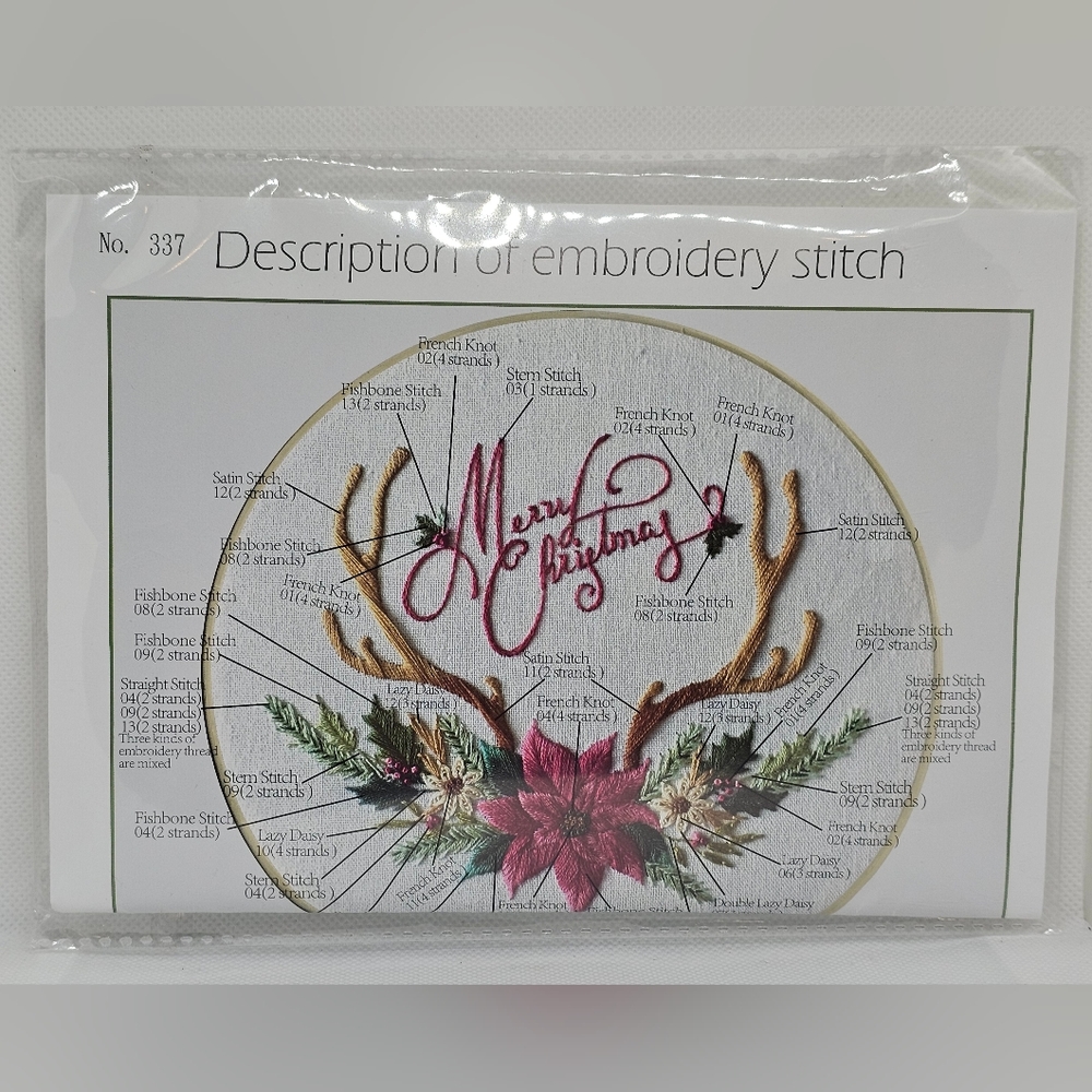 Merry Christmas Flowers‎ Antlers Embroidery Cross Stitch Kit 11.5" x 11.5"